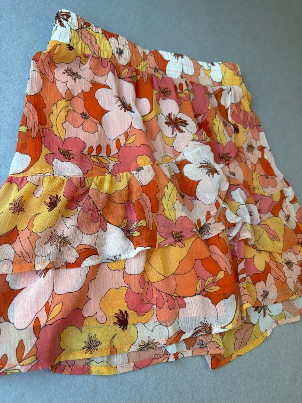 Autres Filles Floral Ruffle Tiered Mini Pull on Skirt - Orange Pink Yellow Sz S - Picture 2 of 8
